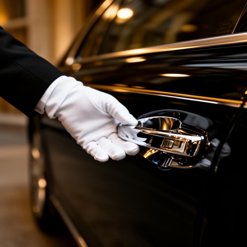 White-gloved chauffeur opening the door of a black luxury sedan
