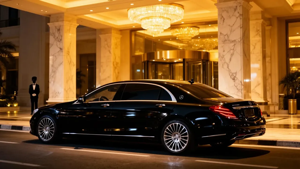 Black Mercedes S-Class waiting at the marble portico of a five-star Dubai hotel at night