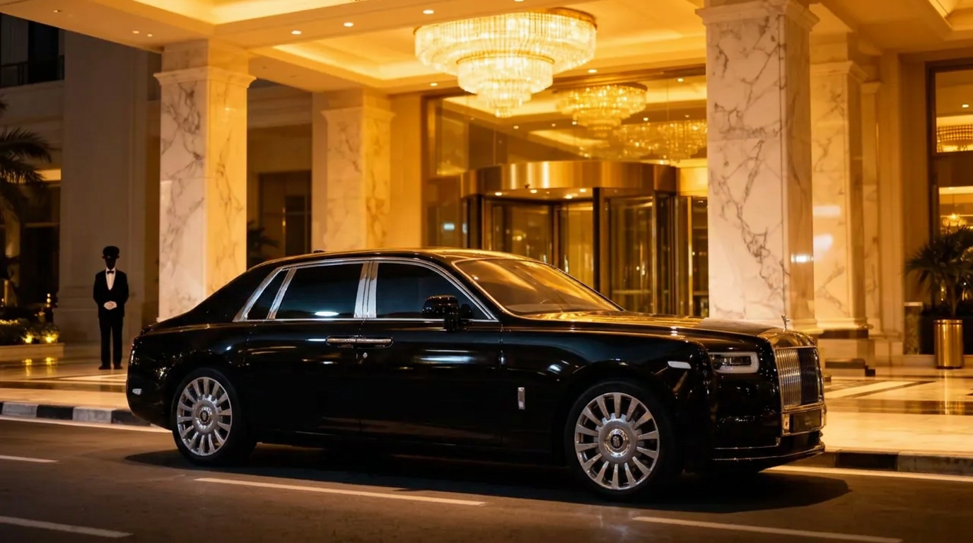 Black Rolls-Royce Phantom waiting at the marble portico of a five-star Dubai hotel at night