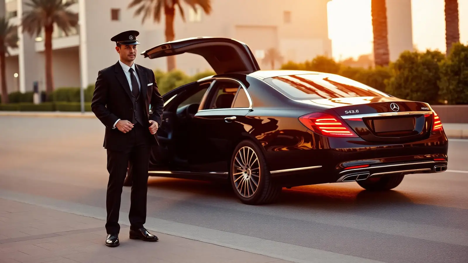 Чёрный Mercedes S-Class с персональным водителем в даунтауне Дубая с видом на Бурдж-Халифа
