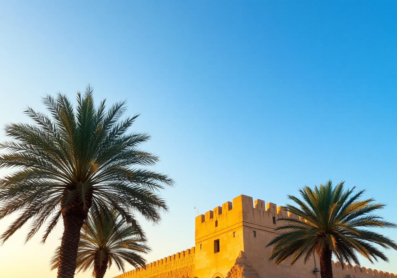 Ajman Fort historic stone watchtower with palm trees