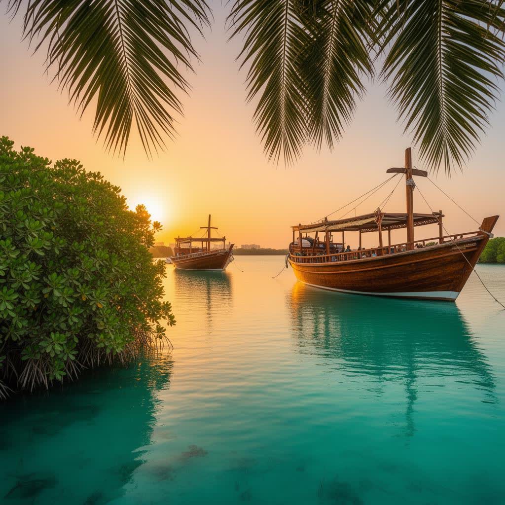 Traditional wooden dhow boats moored among mangroves at golden hour