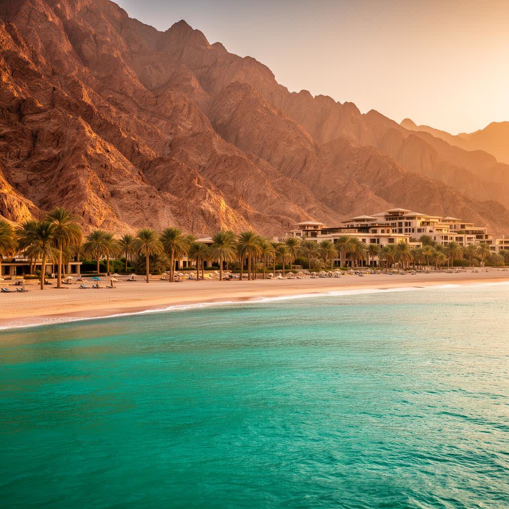 Turquoise Indian Ocean meeting the rugged Hajar mountains on the Fujairah coast