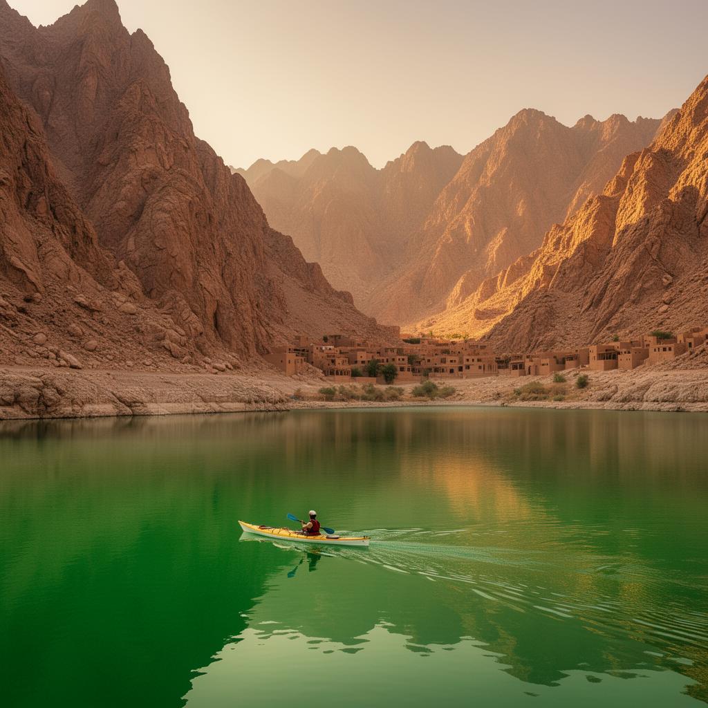 Emerald green Hatta reservoir with kayak between dramatic rocky peaks