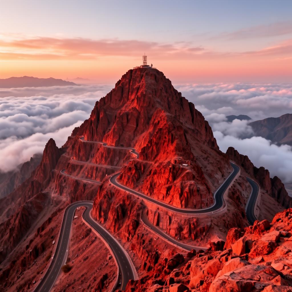 Winding road carved into the red rock peaks of Jebel Jais at sunset