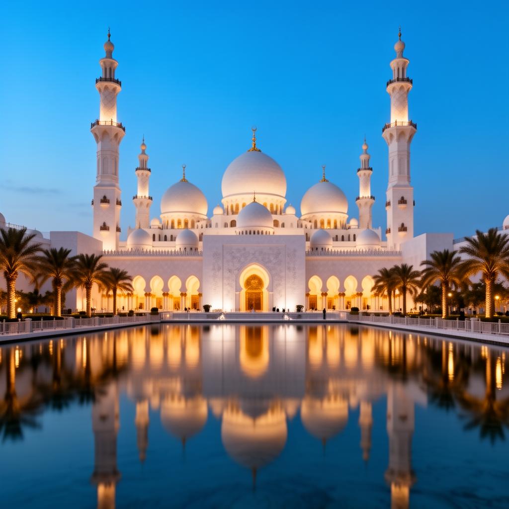Sharjah Al Noor Mosque illuminated at blue hour reflected on the lagoon
