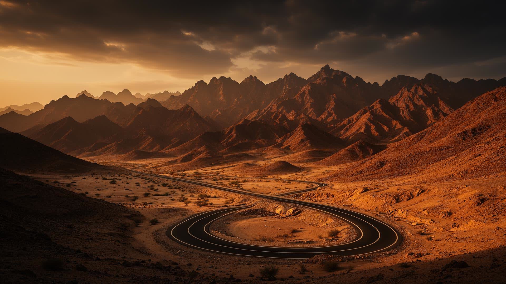 طريق جبلي في سلسلة الحجر بالإمارات عند الغروب
