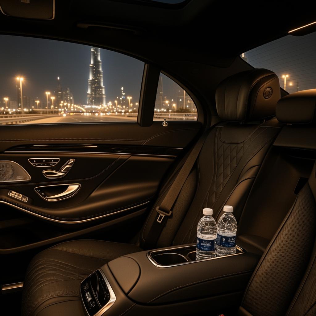 View from the back of a black Mercedes S-Class with chilled water and the Burj Khalifa skyline at night